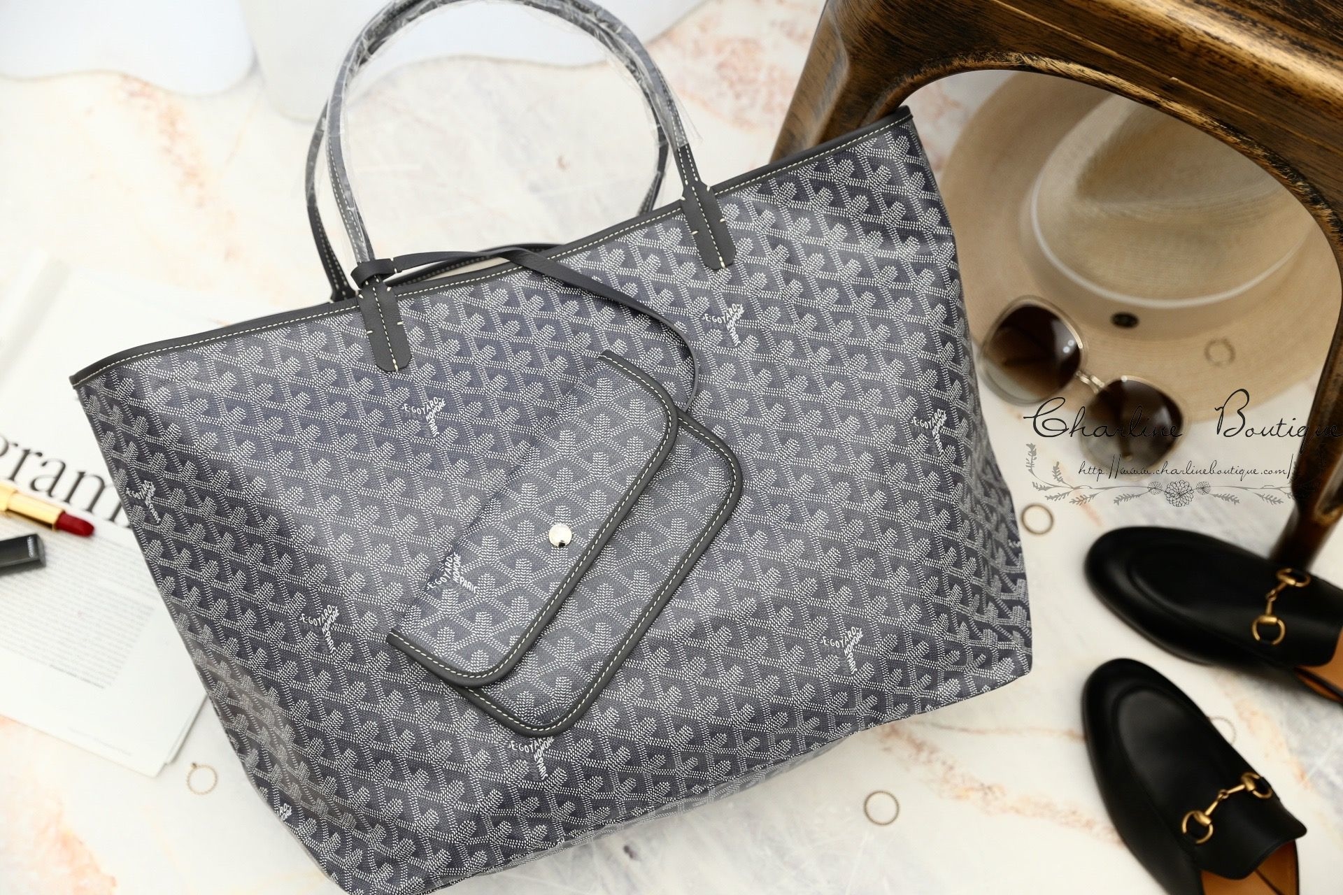 Goyard Sac Saint Louis GM Tote Bag 灰色灰提把大型無拉鍊托特包-Charline Boutique 精品代購