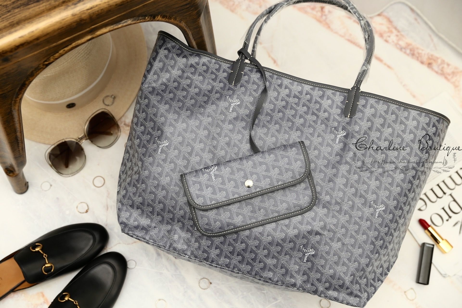 Goyard Sac Saint Louis GM Tote Bag 灰色灰提把大型無拉鍊托特包-Charline Boutique 精品代購