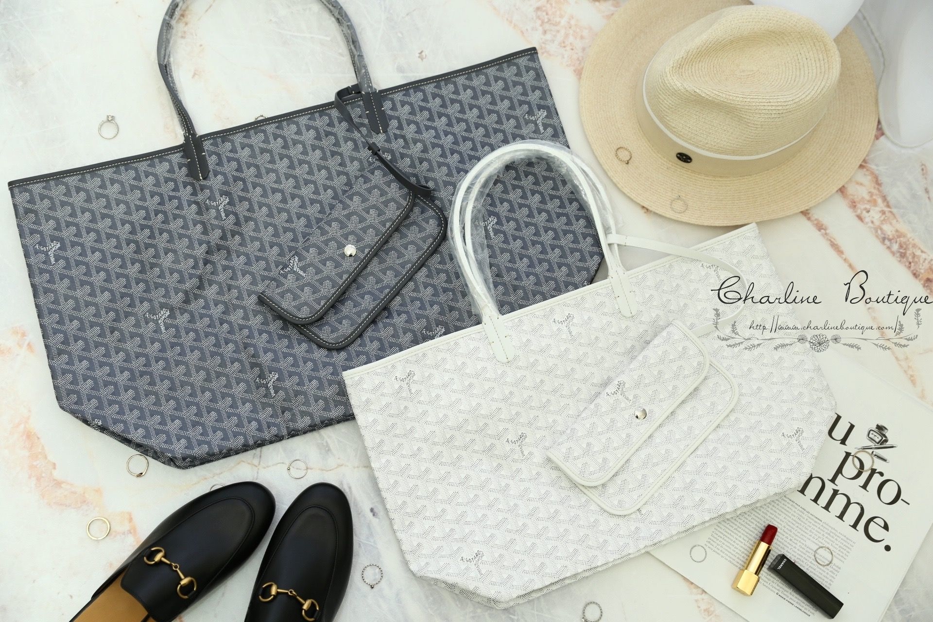 Goyard Sac Saint Louis GM Tote Bag 灰色灰提把大型無拉鍊托特包,Goyard Sac Saint Louis PM Tote Bag 白色白提把小型無拉鍊托特包-Charline Boutique 精品代購