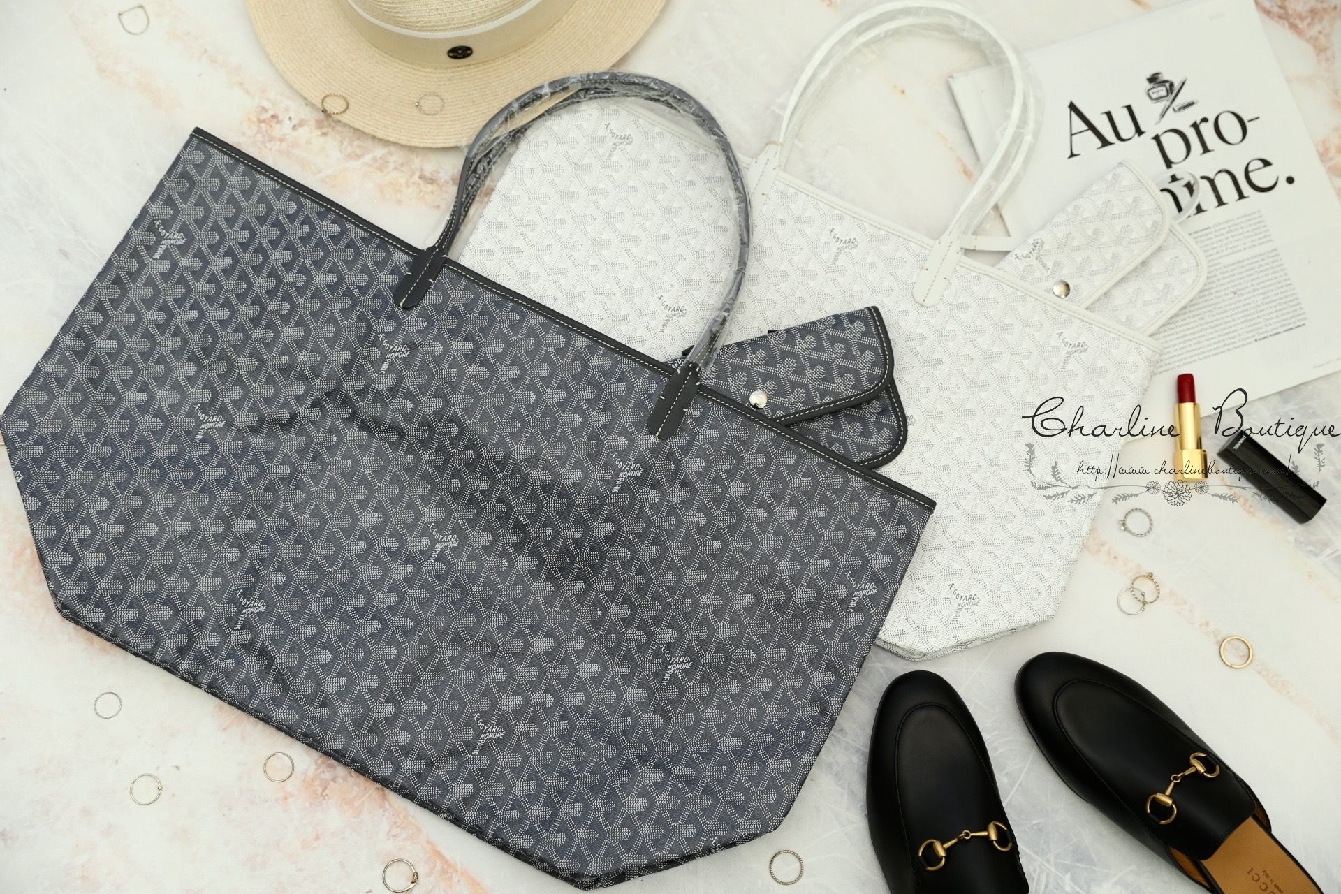 Goyard Sac Saint Louis GM Tote Bag 灰色灰提把大型無拉鍊托特包,Goyard Sac Saint Louis PM Tote Bag 白色白提把小型無拉鍊托特包-Charline Boutique 精品代購