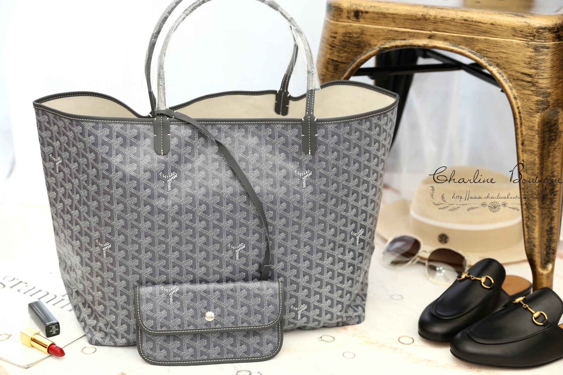 Goyard Saint Louis GM Bag 灰色帆布小牛皮同色提把大型無拉鍊托特包