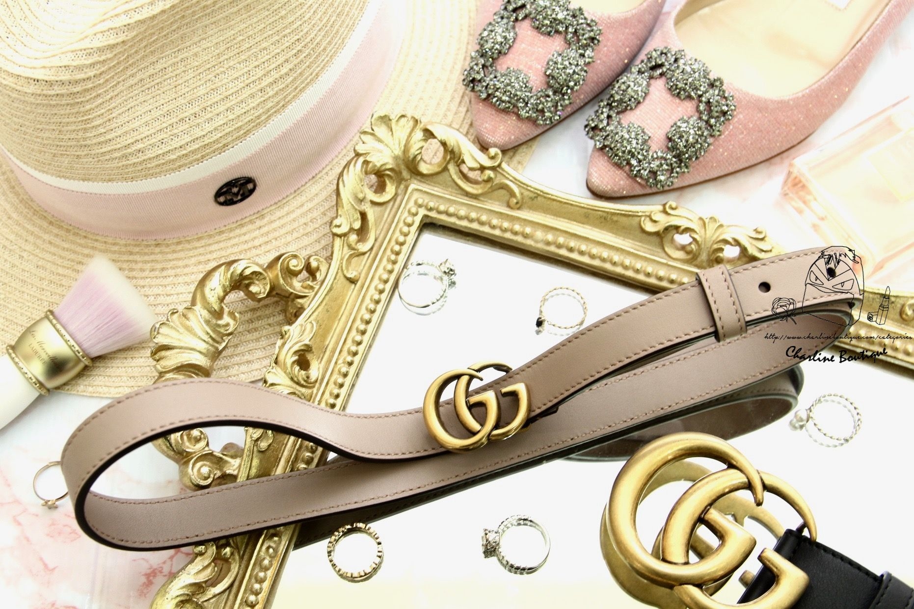 Gucci Leather Belt With Double G Buckle 粉裸色金GG Logo細版2cm小牛皮皮帶