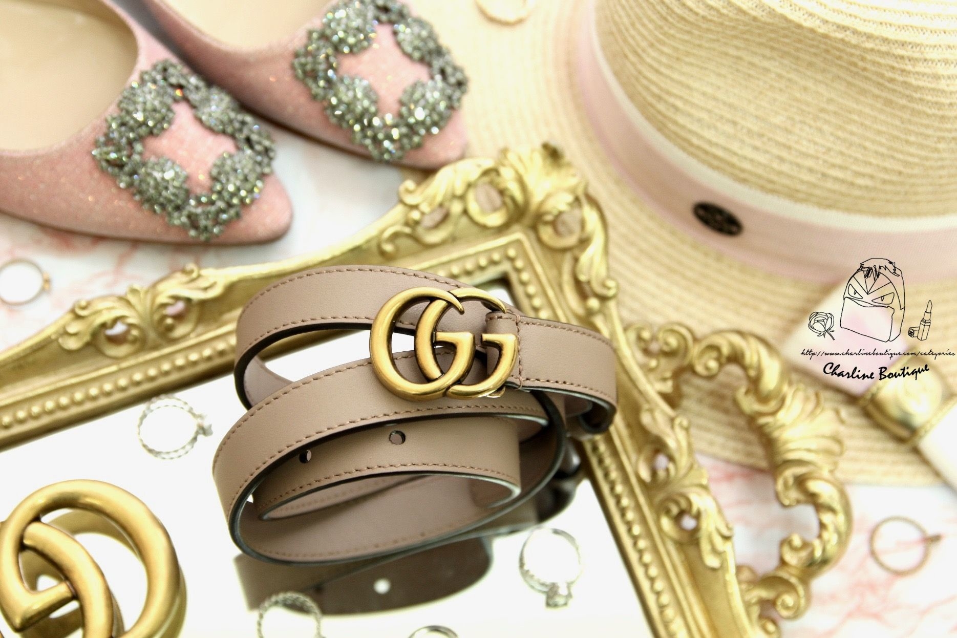 Gucci Leather Belt With Double G Buckle 粉裸色金GG Logo細版2cm小牛皮皮帶