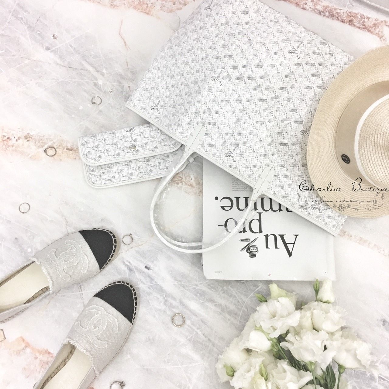 Goyard Sac Saint Louis PM Tote Bag 白色白提把小型無拉鍊托特包,Chanel Espadrilles in Fabric 米白與黑色丹寧布CC鉛筆鞋-Charline Boutique 精品代購
