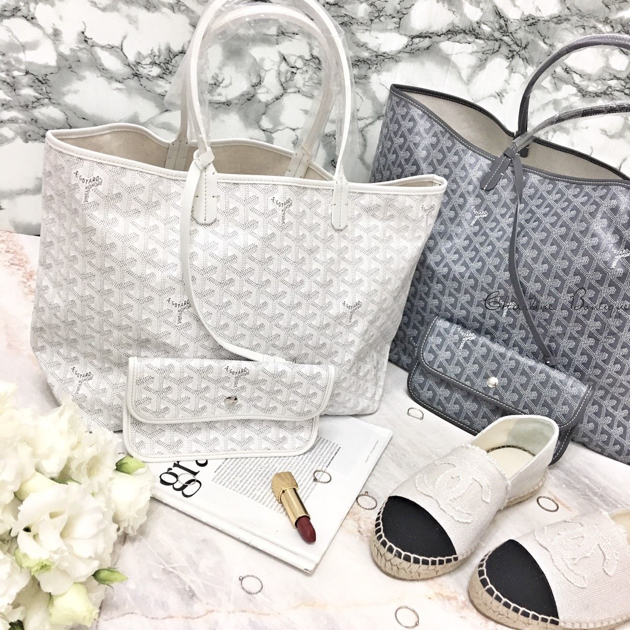 Goyard PM Tote Bag 白色白提把小型無拉鍊托特包,Goyard PM Tote Bag 灰色灰提把小型無拉鍊托特包,Chanel Espadrilles 米白與黑色丹寧布CC鉛筆鞋-Charline Boutique 精品代購