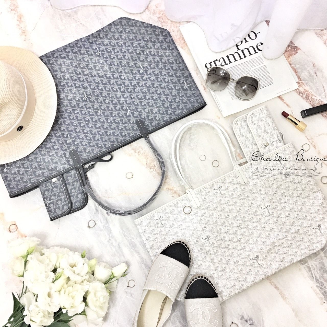 Goyard PM Tote Bag 白色白提把小型無拉鍊托特包,Goyard PM Tote Bag 灰色灰提把小型無拉鍊托特包,Chanel Espadrilles 米白與黑色丹寧布CC鉛筆鞋-Charline Boutique 精品代購