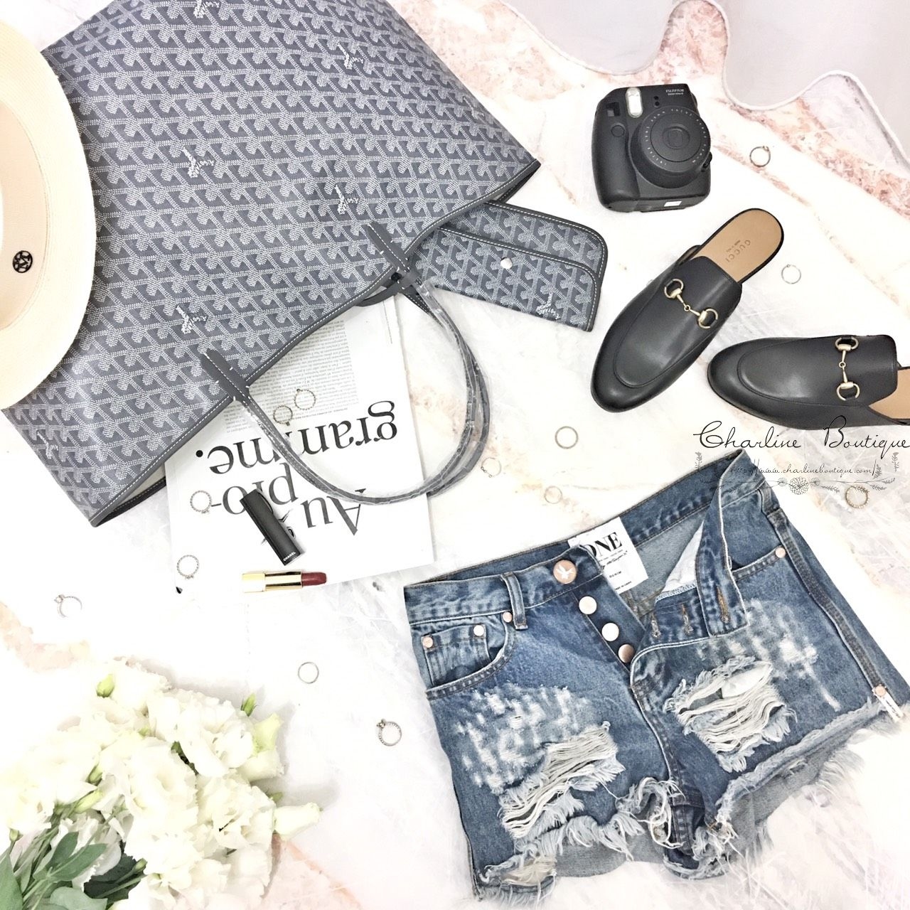 Goyard Sac Saint Louis GM Tote Bag 灰色灰提把大型無拉鍊托特包,Gucci Princetown Leather Slipper 黑色牛皮拖鞋-Charline Boutique 精品代購