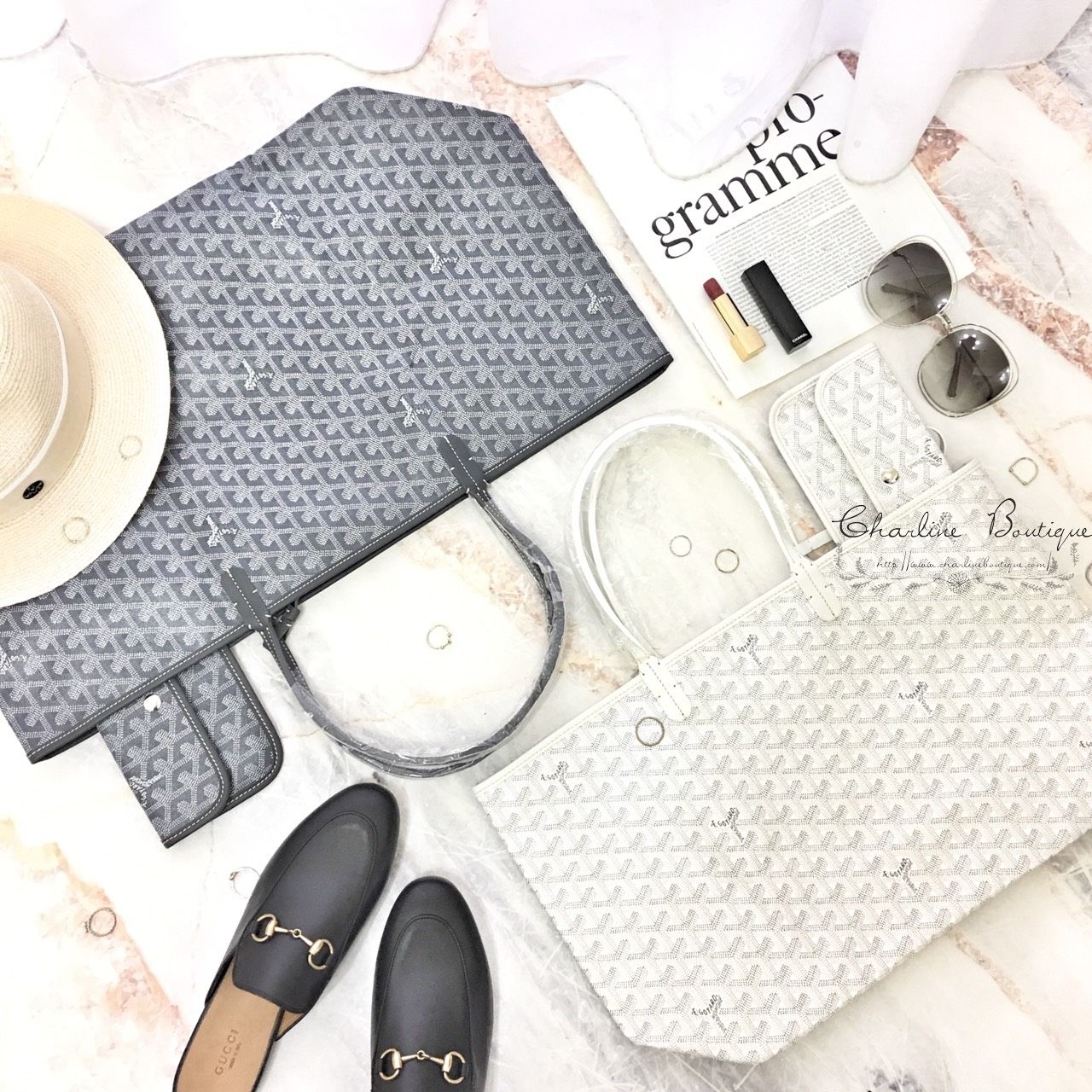 Goyard GM Tote Bag 灰色灰提把大型無拉鍊托特包,Goyard PM Tote Bag 白色白提把小型無拉鍊托特包,Gucci Slipper 黑色牛皮拖鞋-Charline Boutique 精品代購