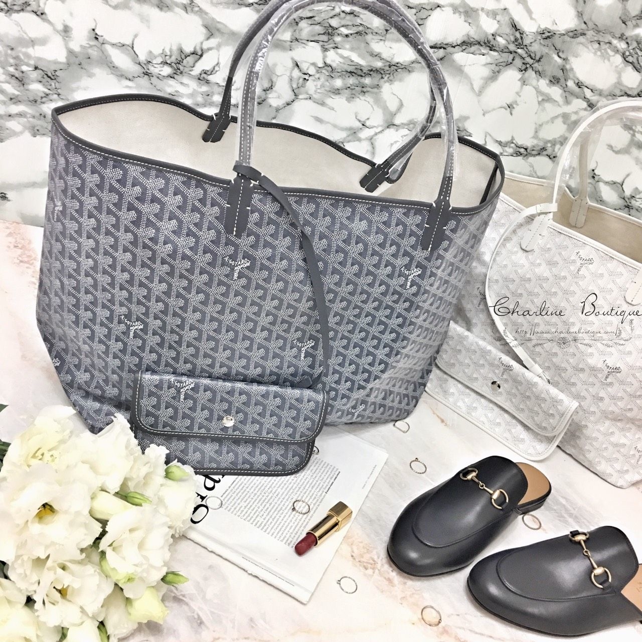 Goyard GM Tote Bag 灰色灰提把大型無拉鍊托特包,Goyard PM Tote Bag 白色白提把小型無拉鍊托特包,Gucci Slipper 黑色牛皮拖鞋-Charline Boutique 精品代購