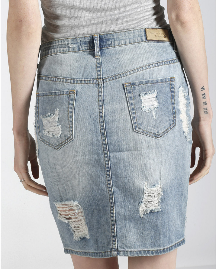 【silvian-heach】前開衩刷破牛仔窄裙