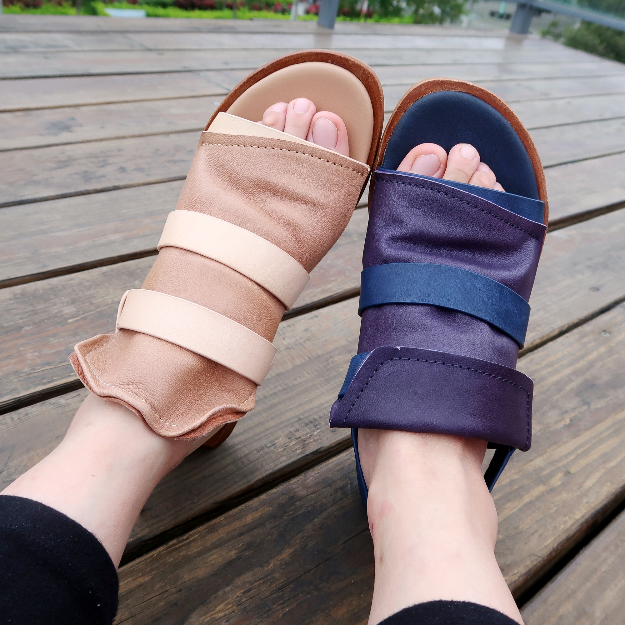 【文藝夏日】植鞣羊皮鞋面牛皮飾條真皮慵懶造型涼鞋