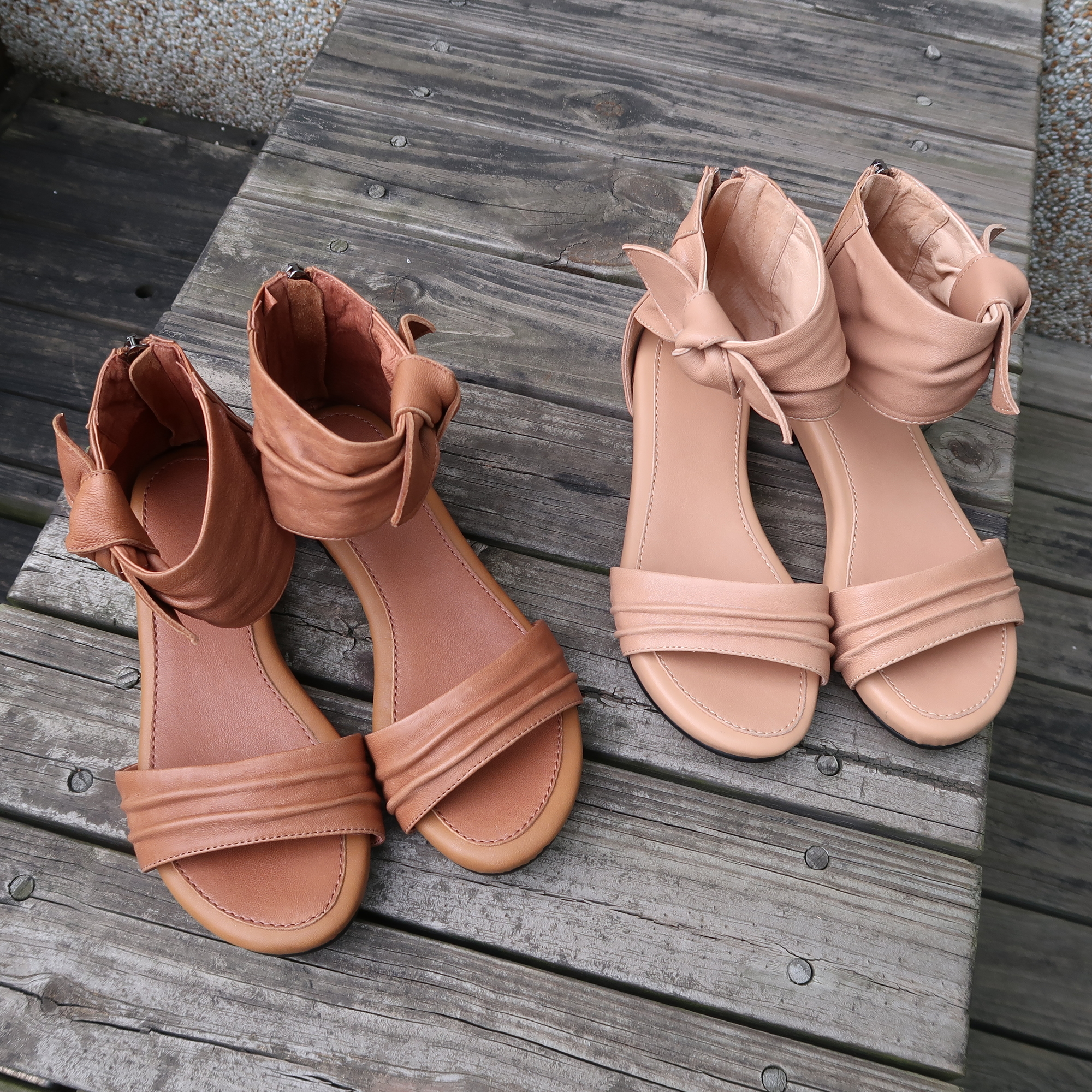 【義式浪漫】植鞣羊皮抓皺小坡跟踝帶扭結蝴蝶結涼鞋