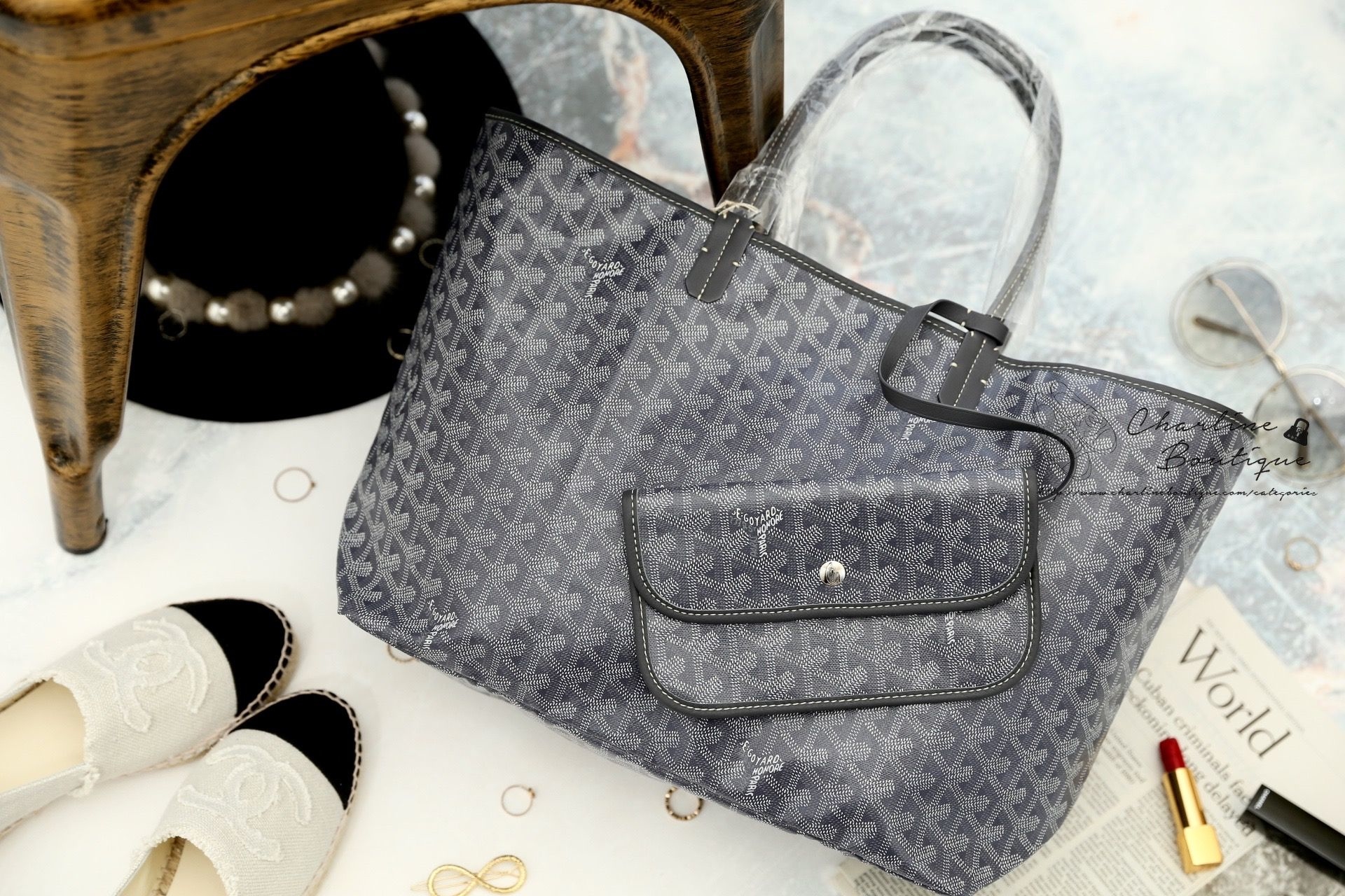 Goyard Saint Louis Pm Bag 灰色灰提把小型無拉鍊托特包-Charline Boutique 精品代購