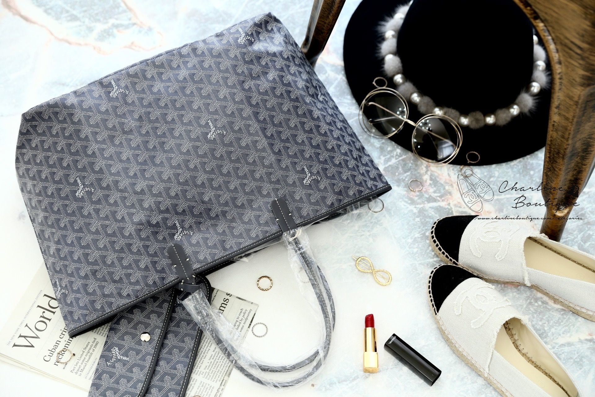 Goyard Saint Louis PM Bag 灰色帆布小牛皮同色提把小型無拉鍊托特包