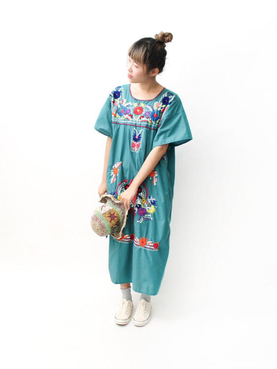 【RE0602MD052】 early summer rare blue green flowers hand embroidery American Mexican embroidery ancient dress mexican dress - One Piece Dresses - Cotton & Hemp Blue