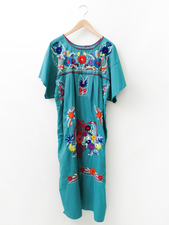 【RE0602MD052】 early summer rare blue green flowers hand embroidery American Mexican embroidery ancient dress mexican dress - One Piece Dresses - Cotton & Hemp Blue