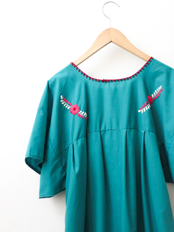【RE0602MD052】 early summer rare blue green flowers hand embroidery American Mexican embroidery ancient dress mexican dress - One Piece Dresses - Cotton & Hemp Blue