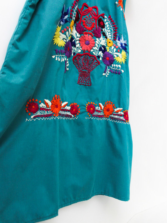 【RE0602MD052】 early summer rare blue green flowers hand embroidery American Mexican embroidery ancient dress mexican dress - One Piece Dresses - Cotton & Hemp Blue