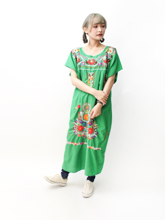 green emerald velvet dress Embroidered Mexican Dress