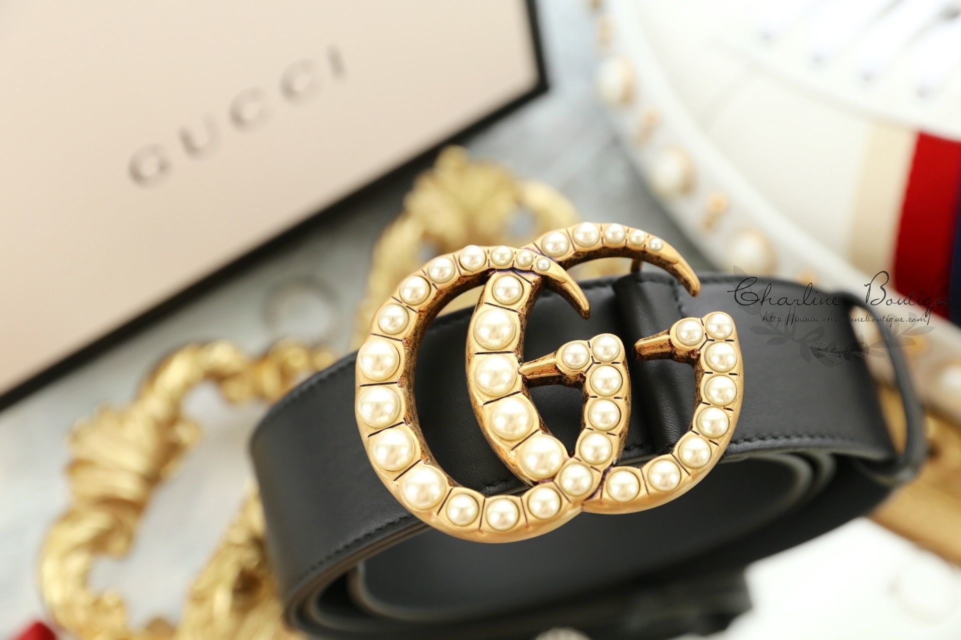 Gucci Leather Belt With Pearl Double G 黑色金色珍珠GG Logo 4cm小牛皮皮帶