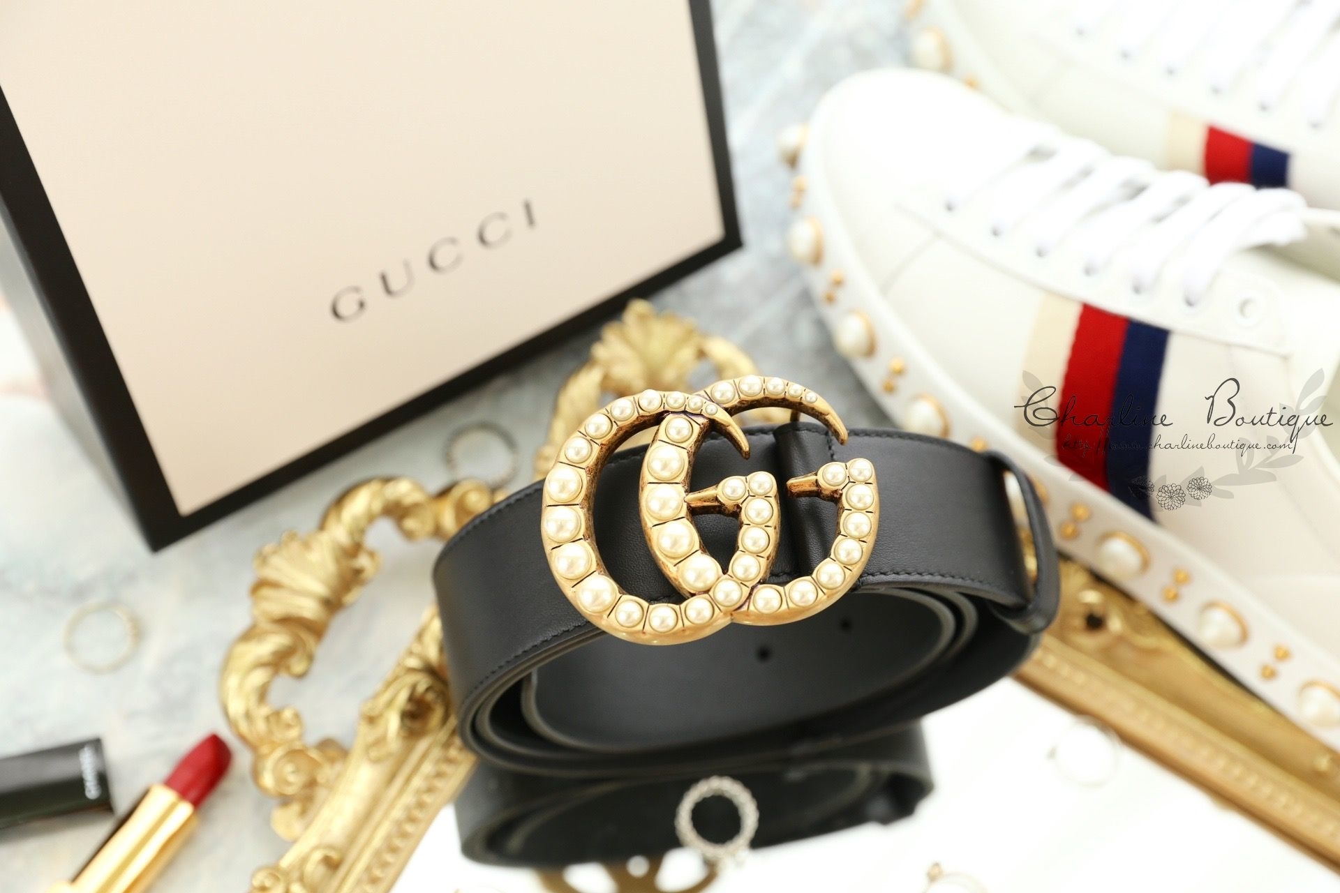 Gucci Leather Belt With Pearl Double G 黑色金色珍珠GG Logo 4cm小牛皮皮帶