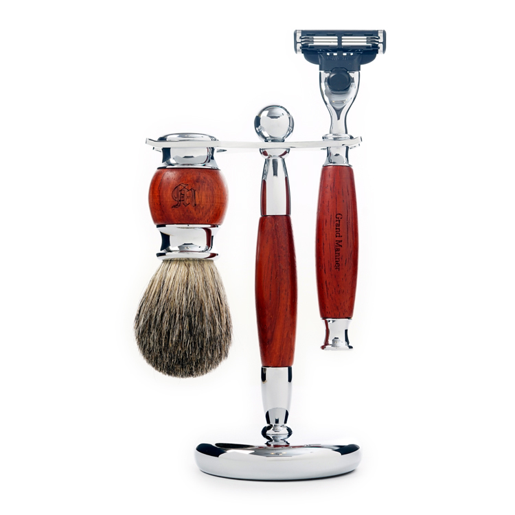 英國 Grand Manner 紅檀木 手動安全刮鬍刀組（Mach3 / 鋒速3刀片 / 禮盒）