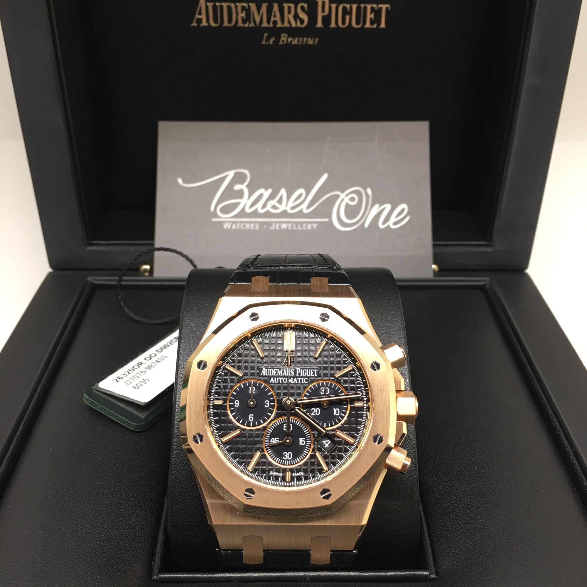 DISCONTINUED BRAND NEW AUDEMARS PIGUET 26320or ROYAL OAK CHRONOGRAPH ROSE GOLD BLACK LEATHER