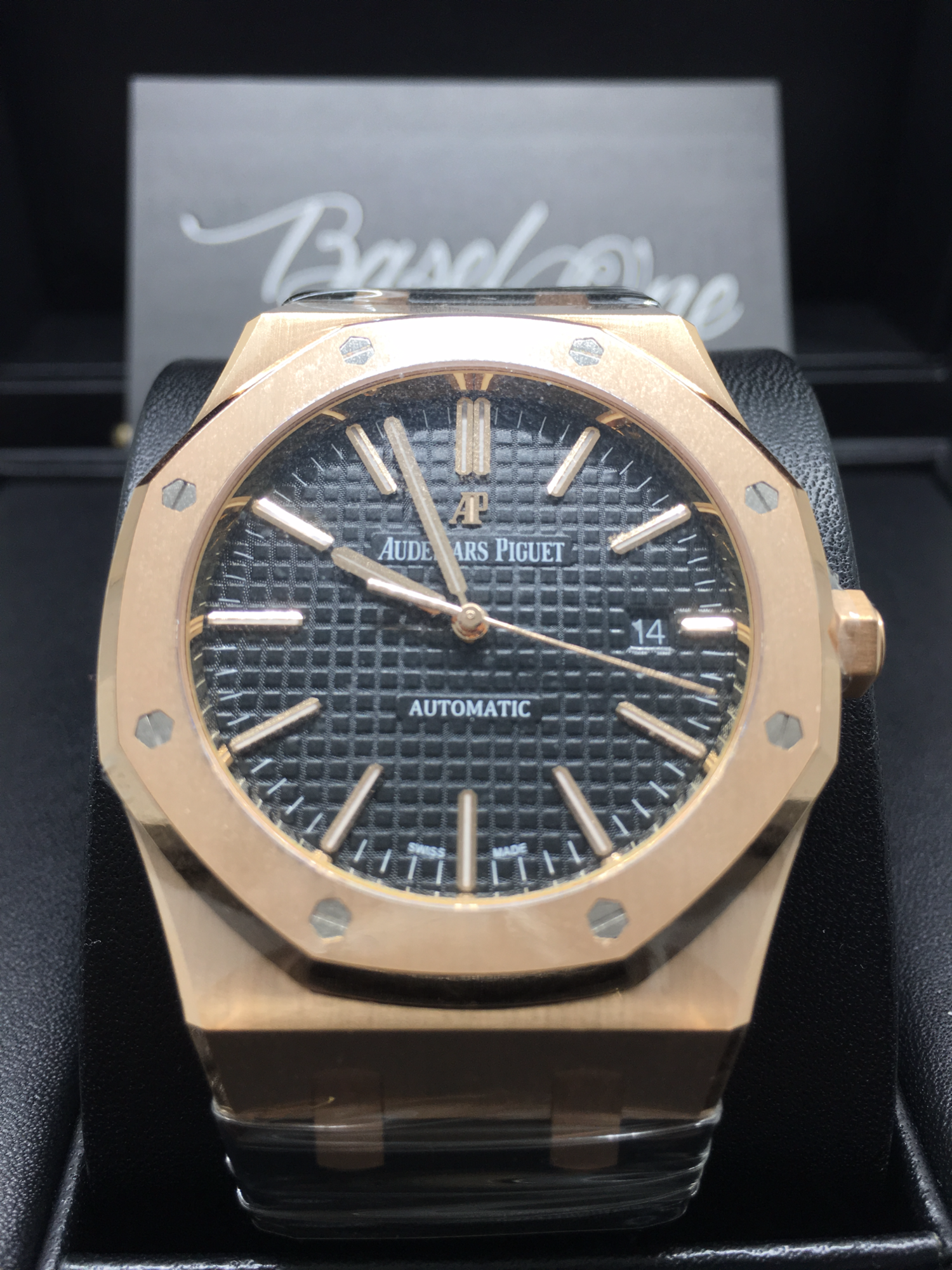 DISCONTINUED BRAND NEW AUDEMARS PIGUET 15400or ROYAL OAK SELFWINDING ROSE GOLD LEATHER BLACK