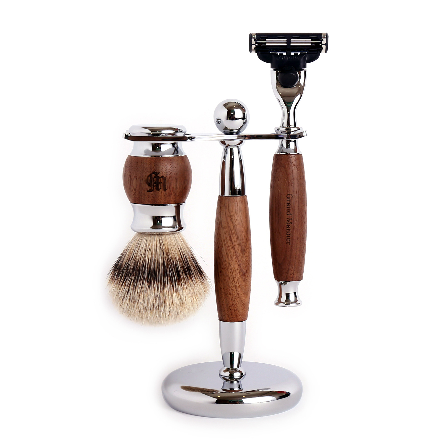 英國 Grand Manner 尊爵胡桃木 手動安全刮鬍刀組（Mach3 / 鋒速3刀片 / 禮盒）