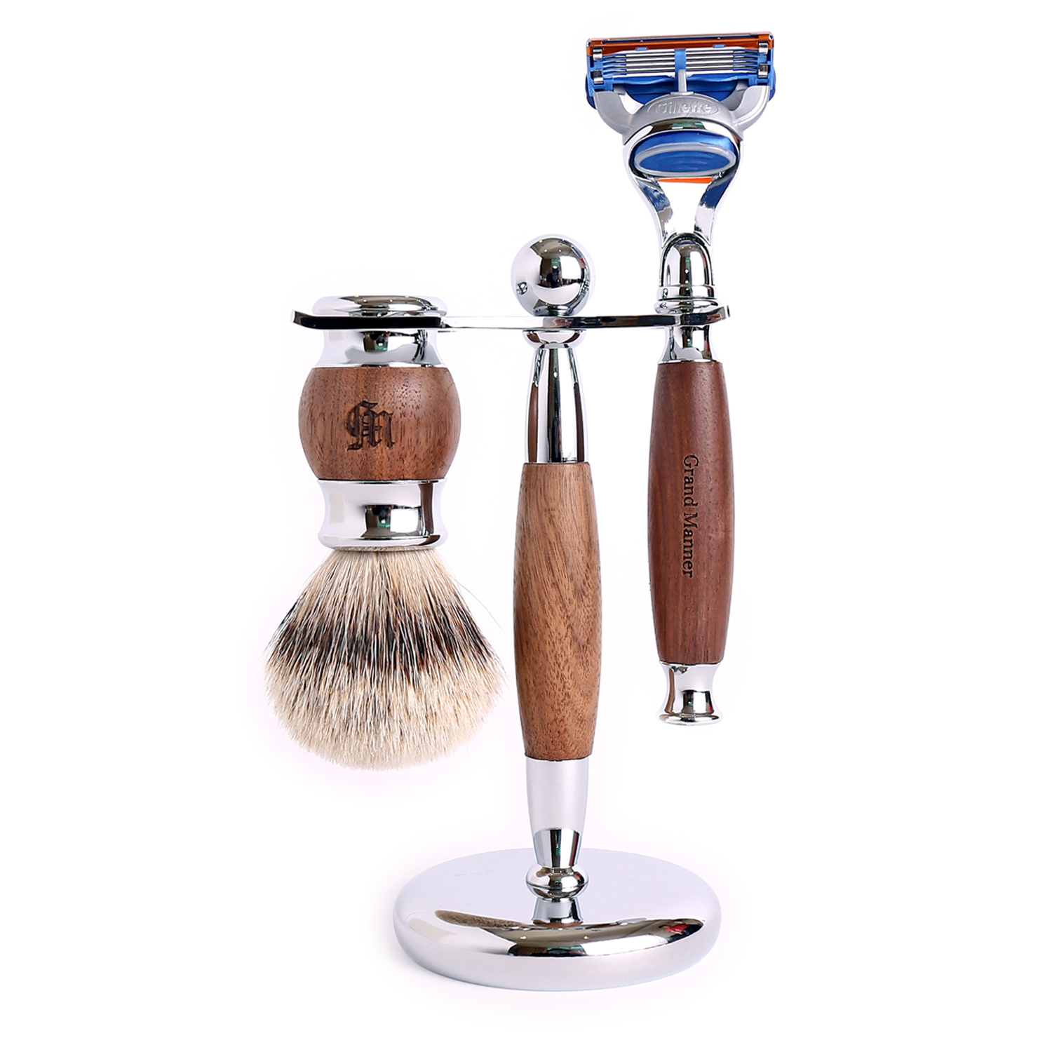 英國 Grand Manner 尊爵胡桃木 手動安全刮鬍刀組（Fusion / 鋒隱刀片 / 禮盒）