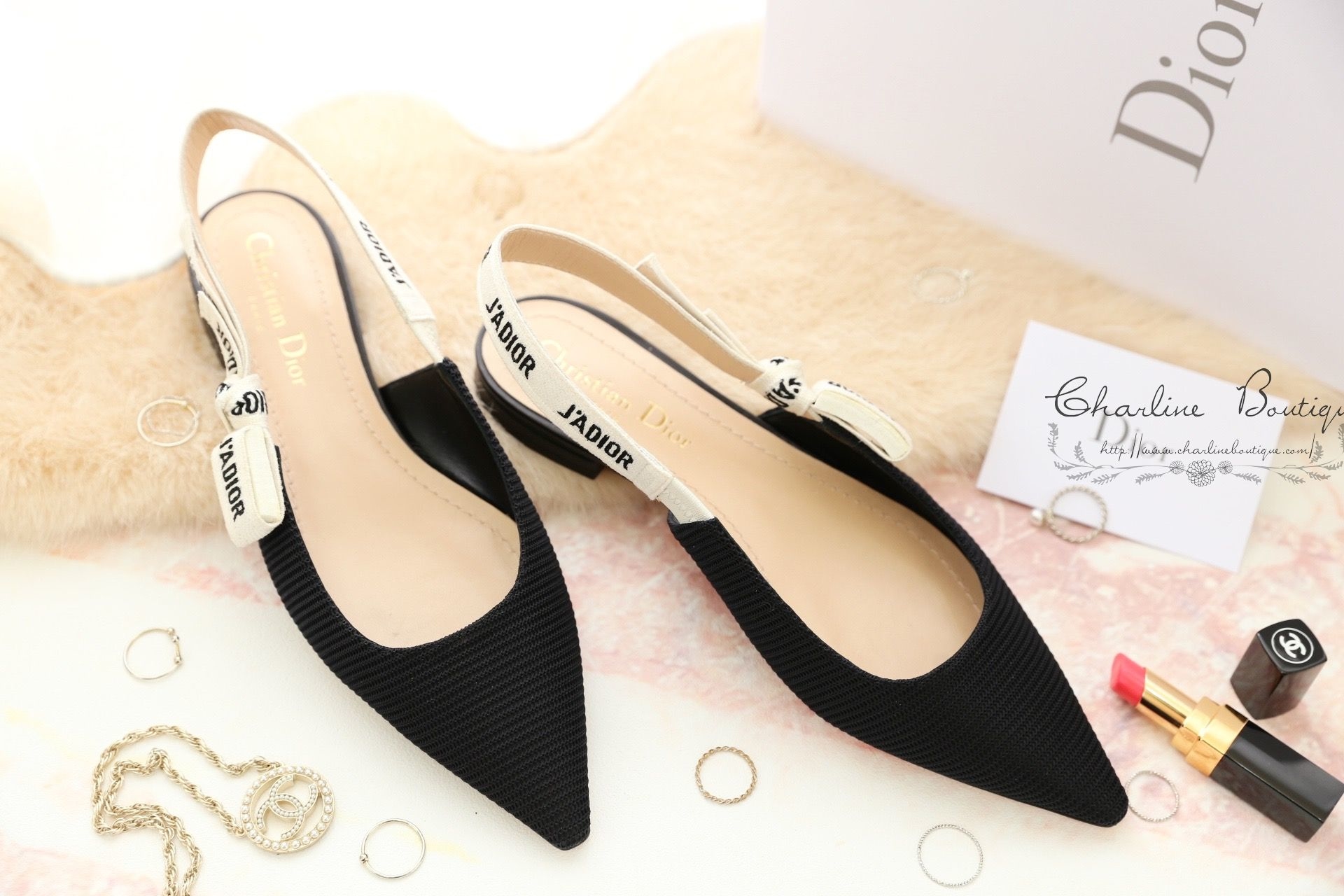 Dior Ballerina In Technical Canvas And J'adior Ribbon 1cm 黑色布紋蝴蝶結飾帶露跟芭蕾舞鞋