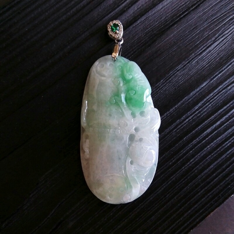 冰白底飄陽綠福如意吊墜, 天然翡翠A玉, 緬甸玉, Jade, Jadeite
