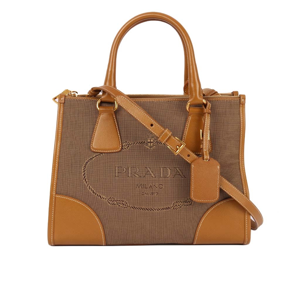 【Prada】帆布+皮革 手提/斜背二用包(駝色)