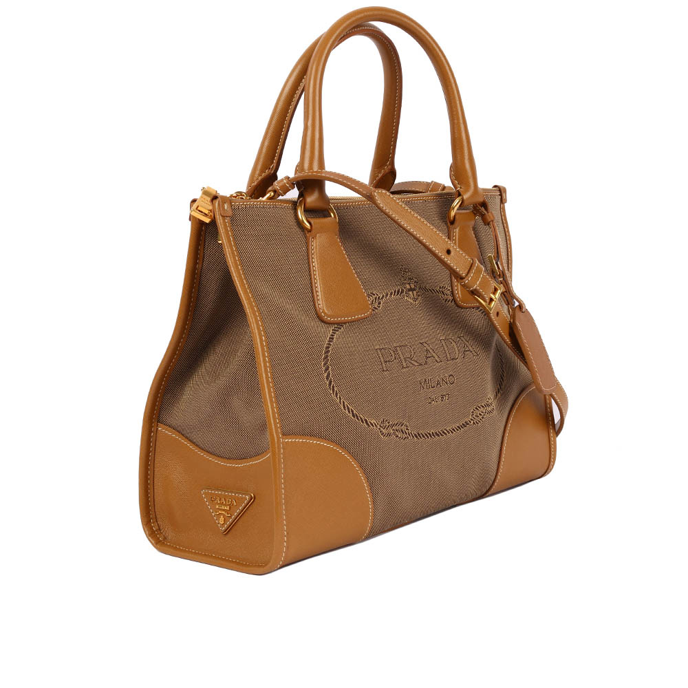 【Prada】帆布+皮革 手提/斜背二用包(駝色)