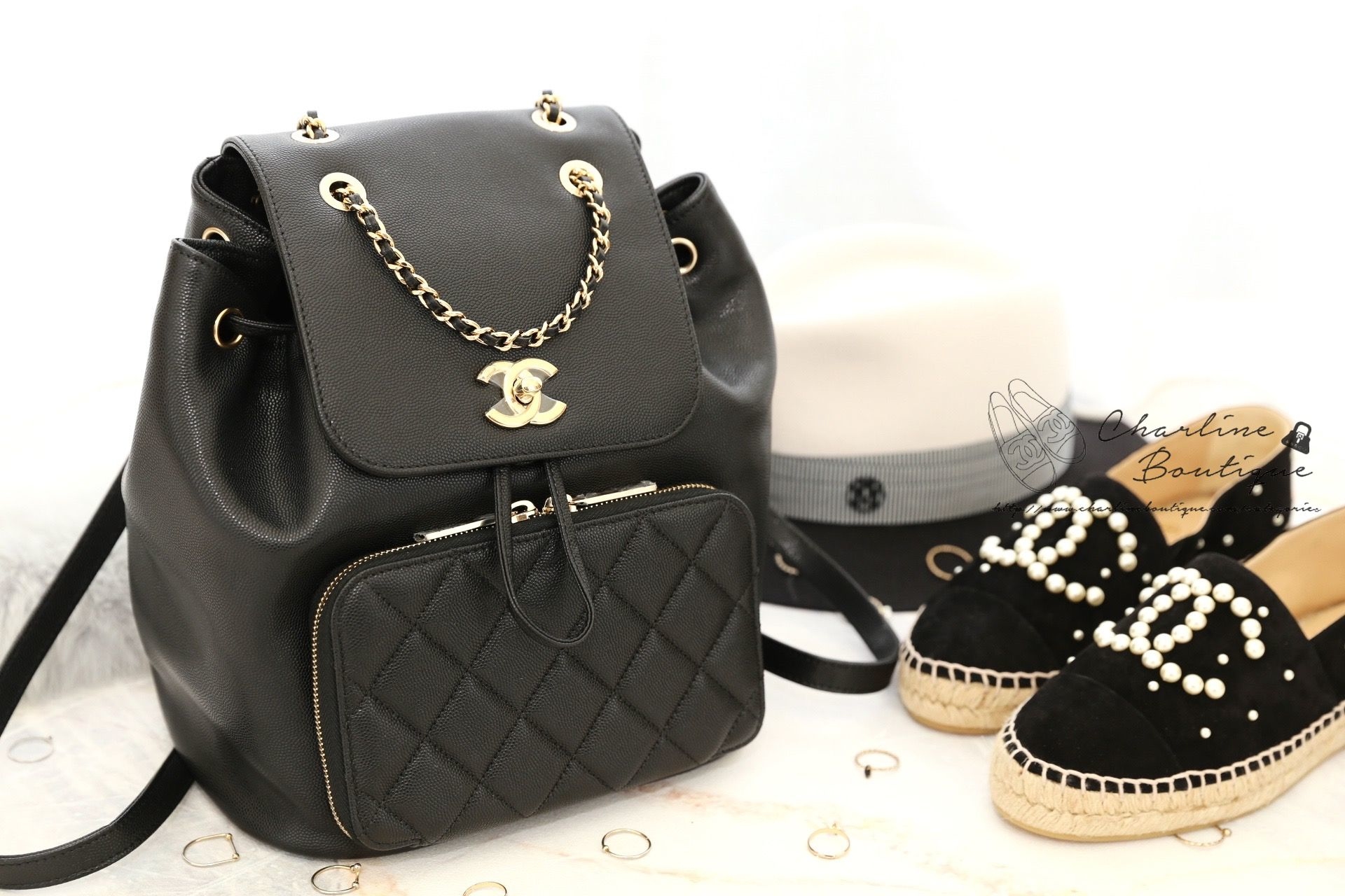 Chanel Grained Calfskin Backpack 黑色金CC金鍊荔枝紋牛皮菱格紋後背包-Charline Boutique 精品代購