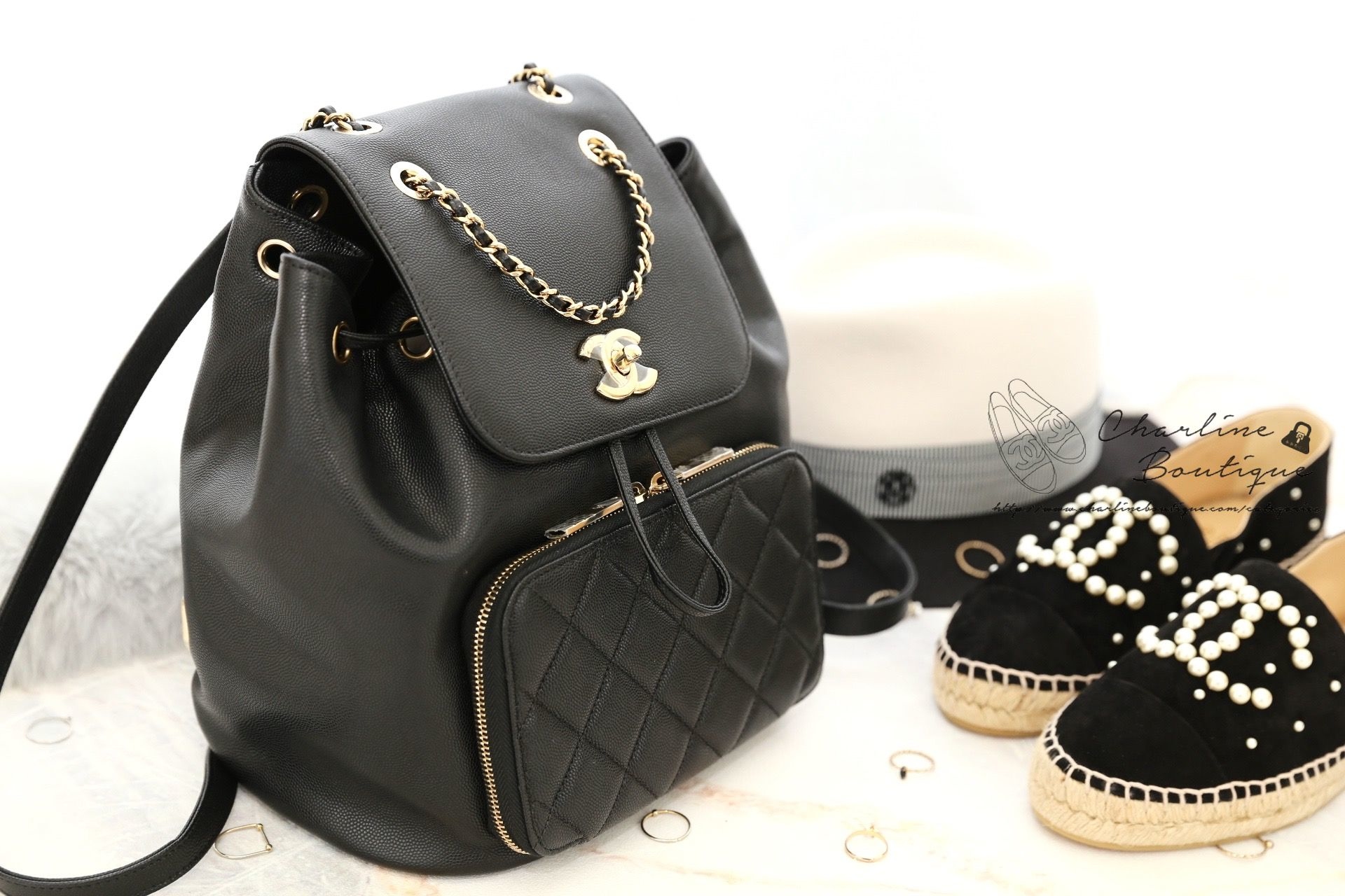 Chanel Grained Calfskin Backpack 黑色金CC金鍊荔枝紋牛皮菱格紋後背包-Charline Boutique 精品代購
