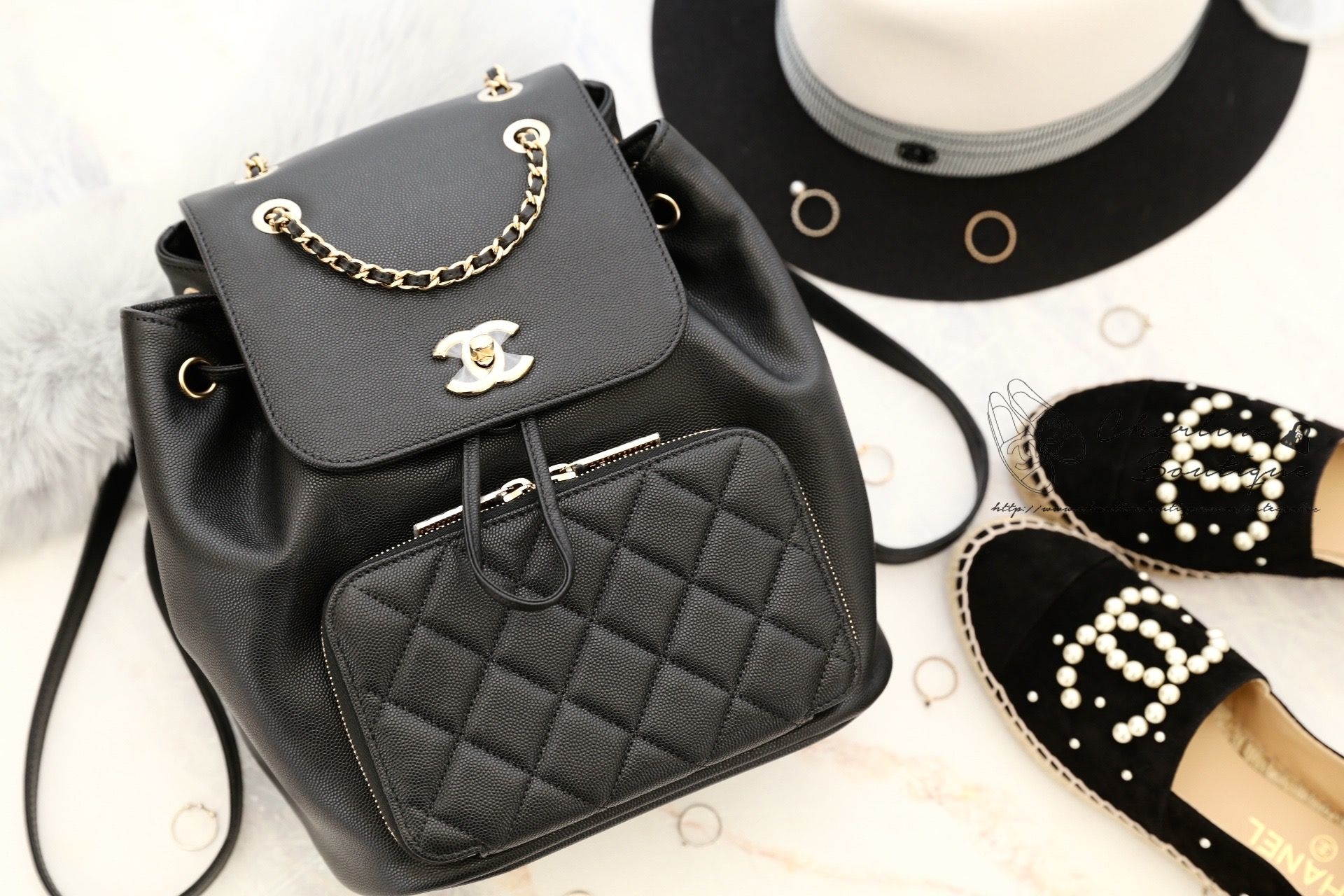 Chanel Grained Calfskin Backpack 黑色金CC金鍊荔枝紋牛皮菱格紋後背包-Charline Boutique 精品代購