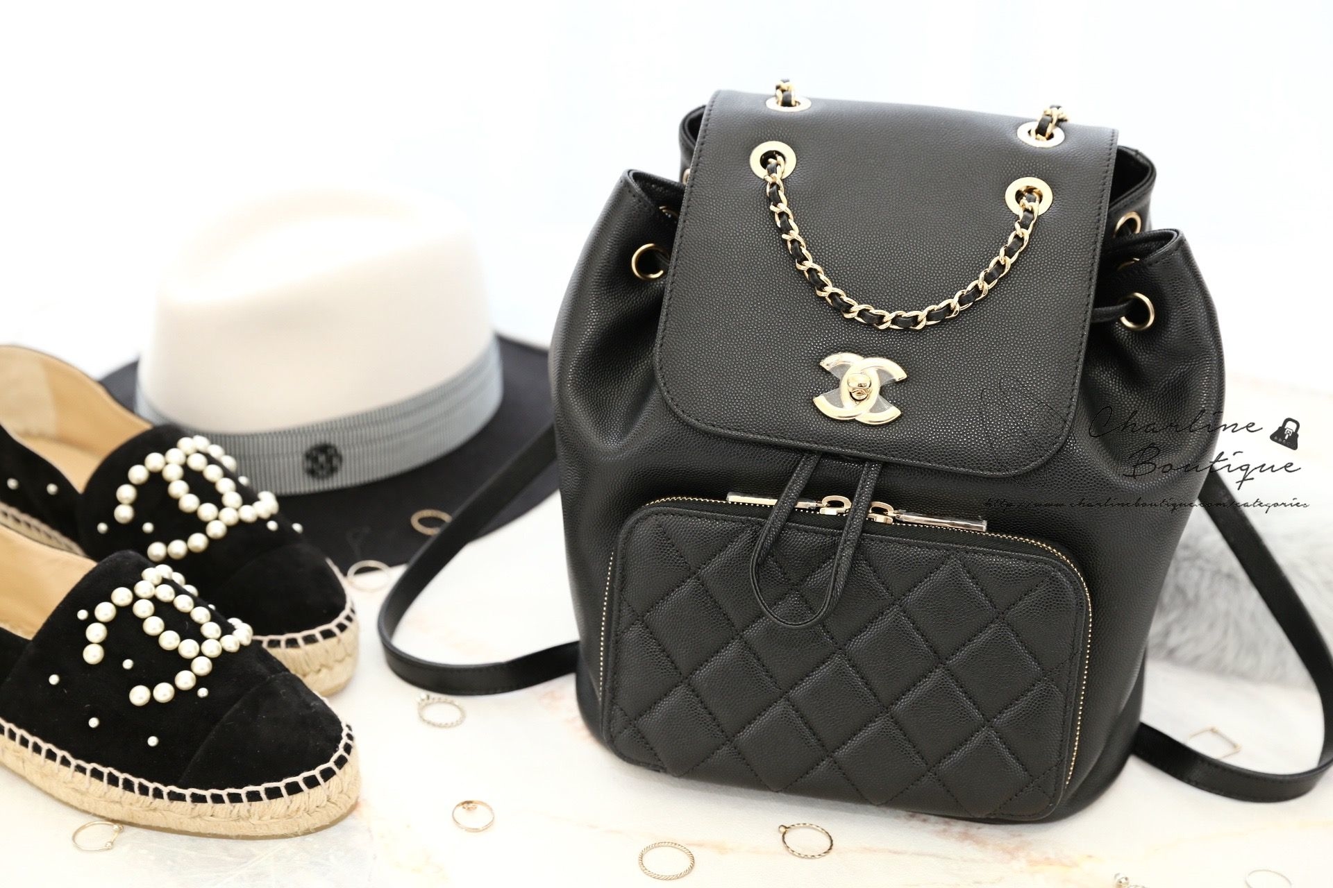 Chanel Grained Calfskin Backpack 黑色金CC金鍊荔枝紋牛皮菱格紋後背包-Charline Boutique 精品代購