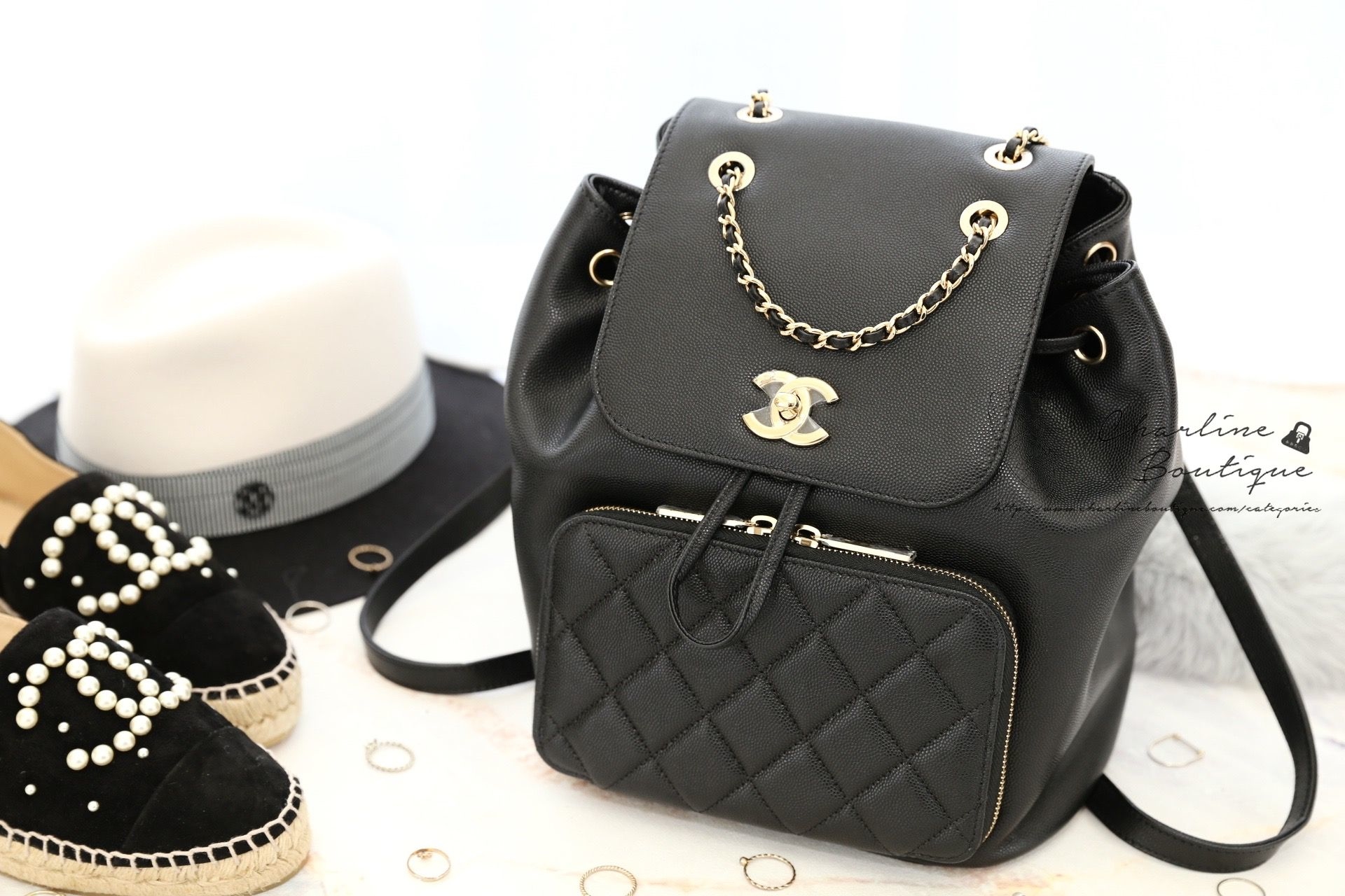 Chanel Grained Calfskin Backpack 黑色金CC金鍊荔枝紋牛皮菱格紋後背包-Charline Boutique 精品代購