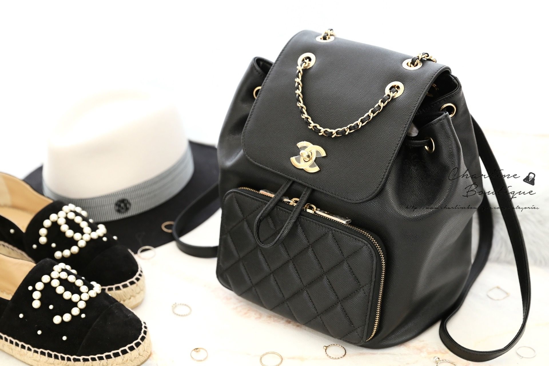 Chanel Grained Calfskin Backpack 黑色金CC金鍊荔枝紋牛皮菱格紋後背包-Charline Boutique 精品代購