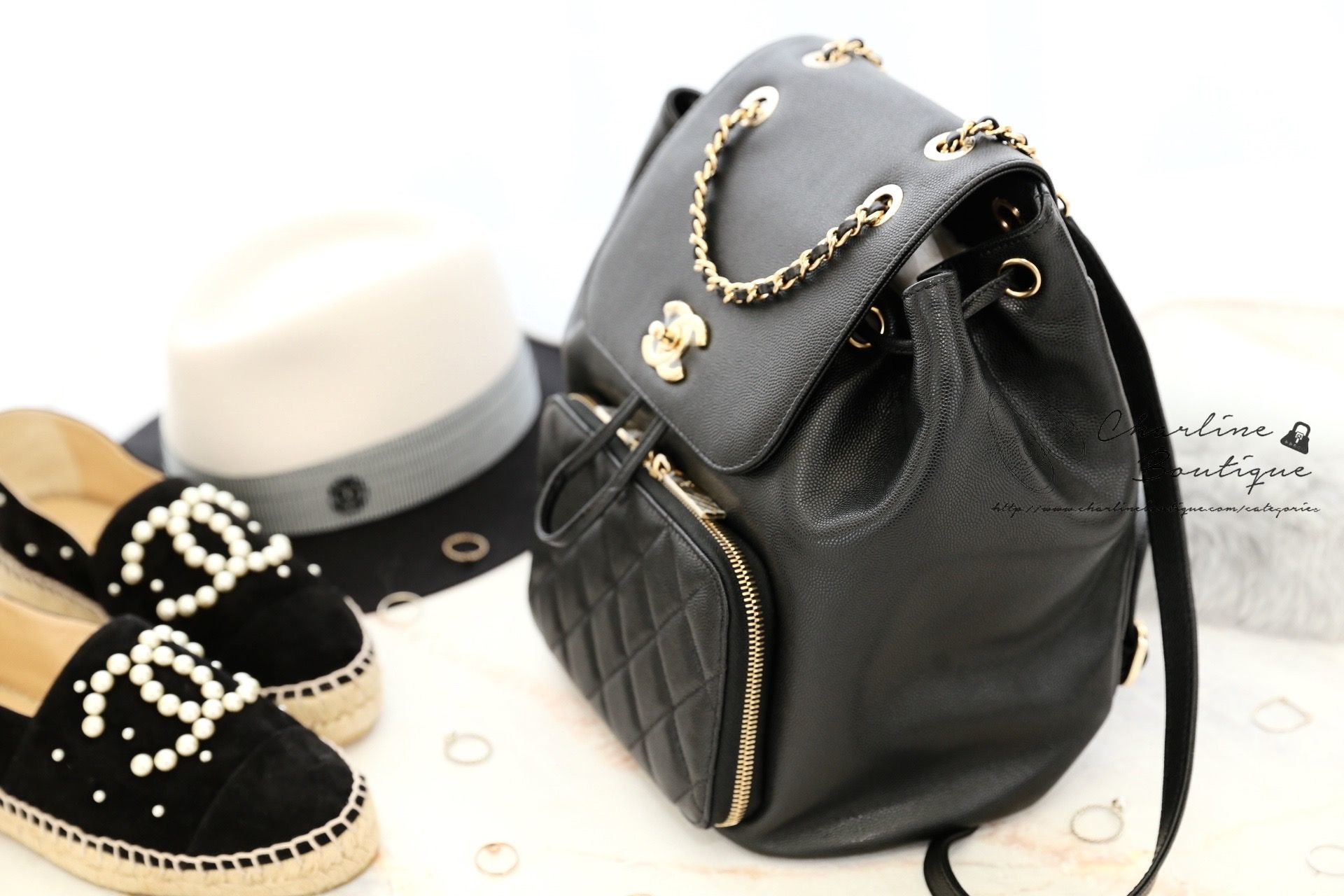 Chanel Grained Calfskin Backpack 黑色金CC金鍊荔枝紋牛皮菱格紋後背包-Charline Boutique 精品代購