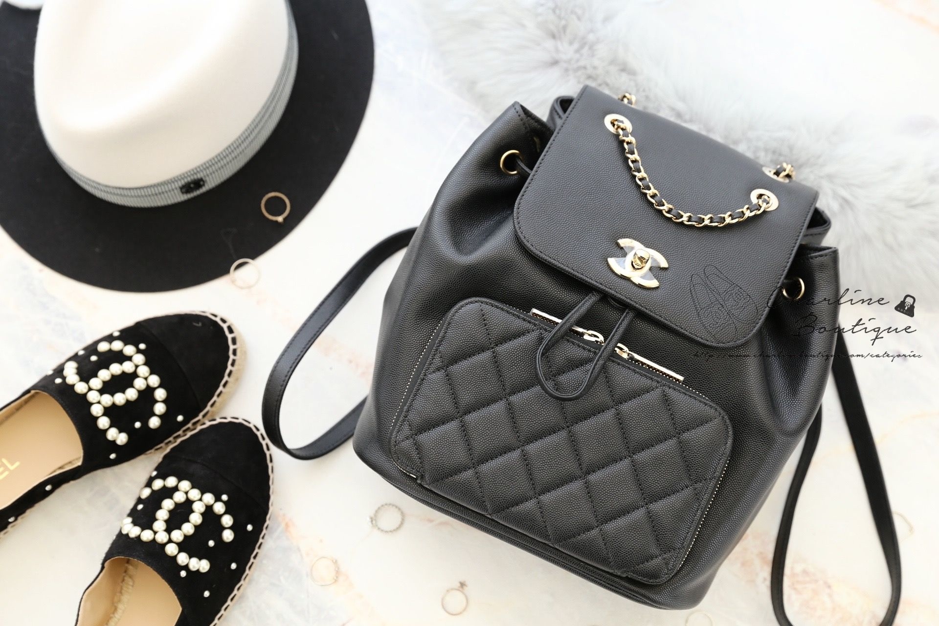 Chanel Grained Calfskin Backpack 黑色金CC金鍊荔枝紋牛皮菱格紋後背包-Charline Boutique 精品代購