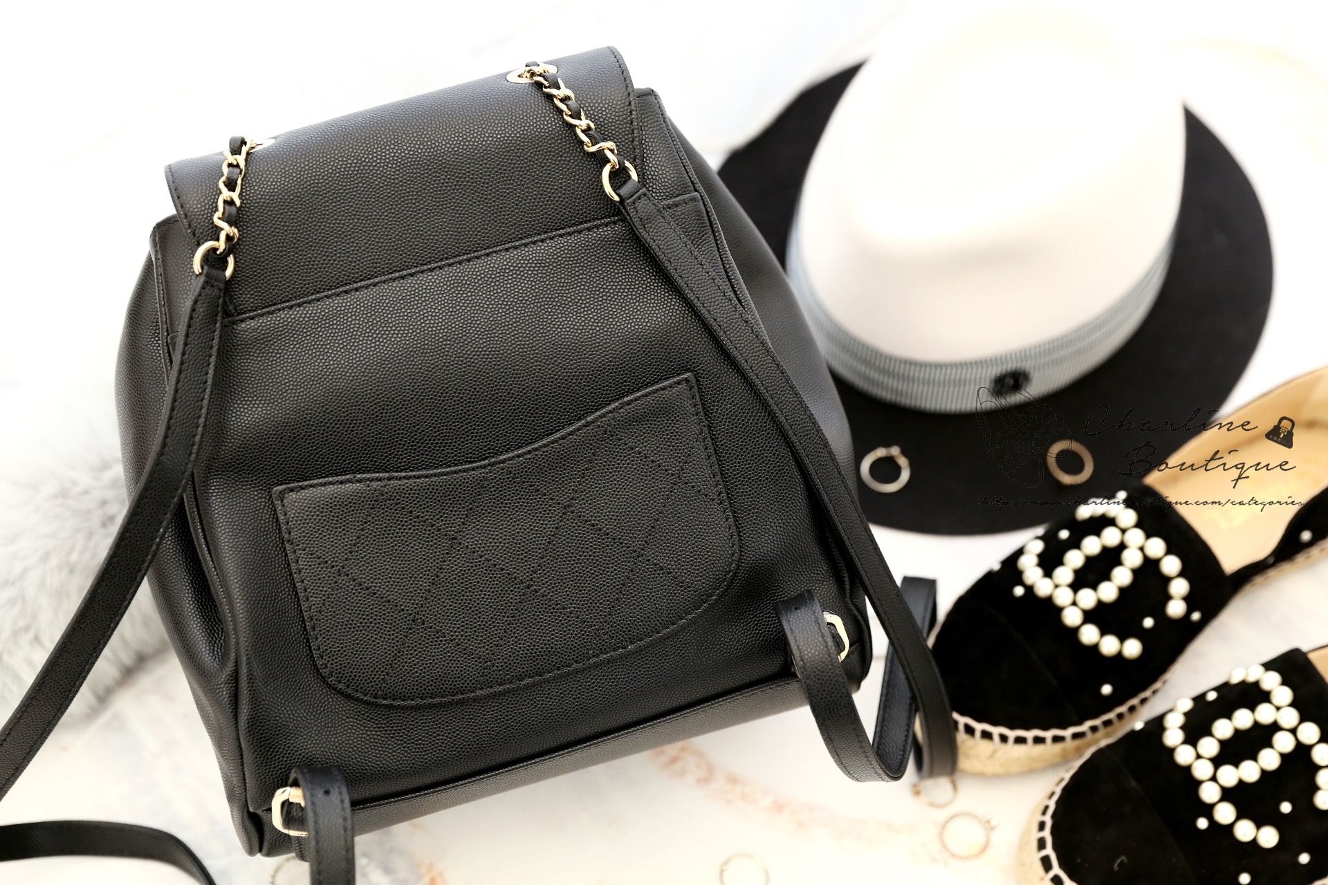 Chanel Grained Calfskin Backpack 黑色金CC金鍊荔枝紋牛皮菱格紋後背包-Charline Boutique 精品代購