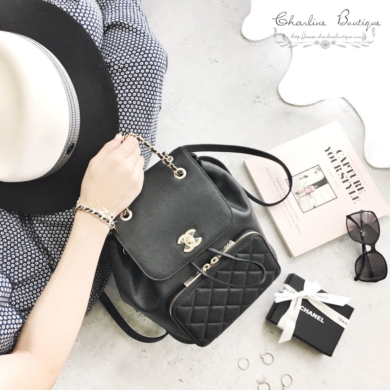 Chanel Grained Calfskin Backpack 黑色金CC金鍊荔枝紋牛皮菱格紋後背包-Charline Boutique 精品代購