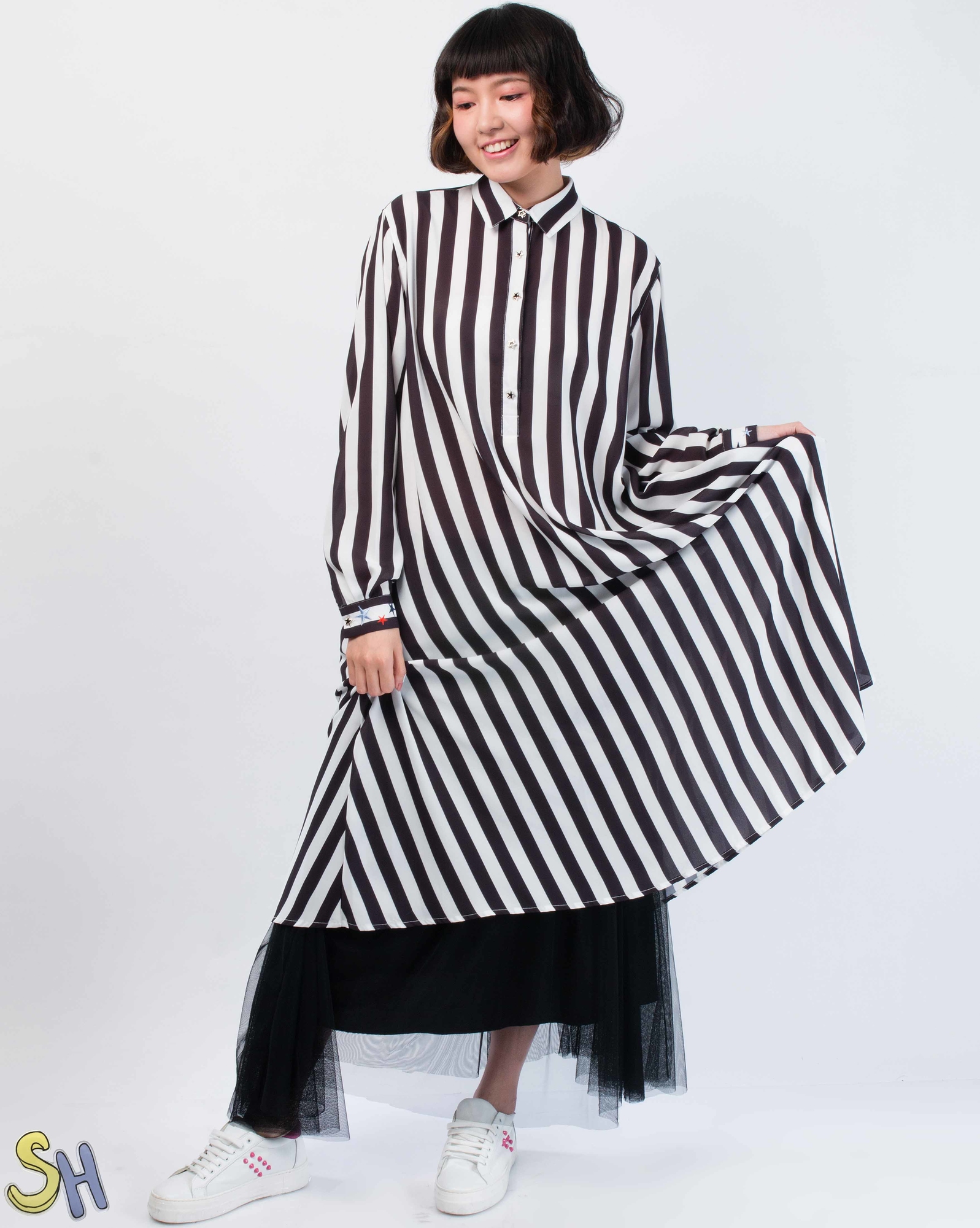 【SH】條紋長版襯衫洋裝