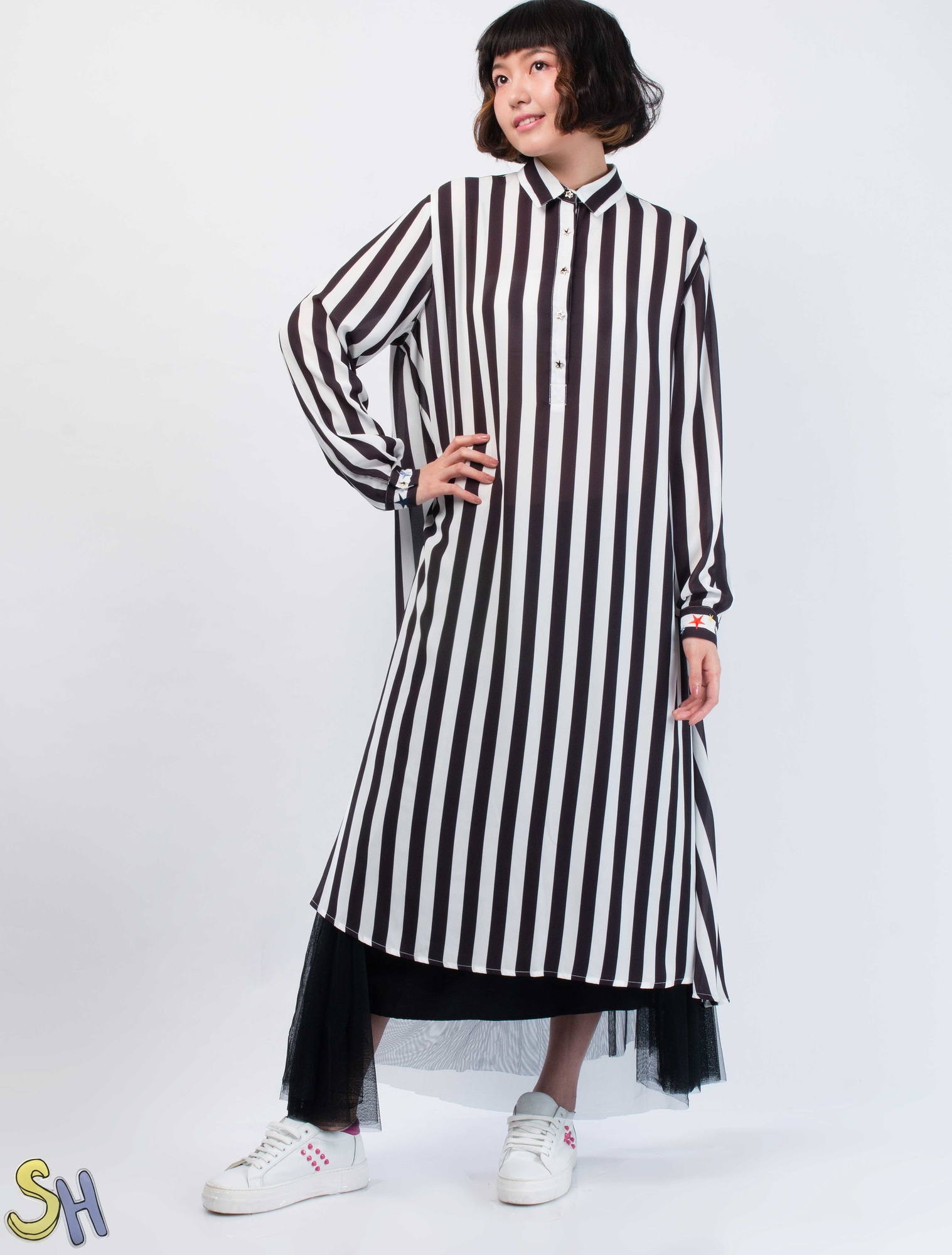 【SH】條紋長版襯衫洋裝