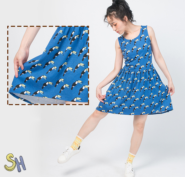【SH】印花無袖洋裝-藍色大嘴鳥