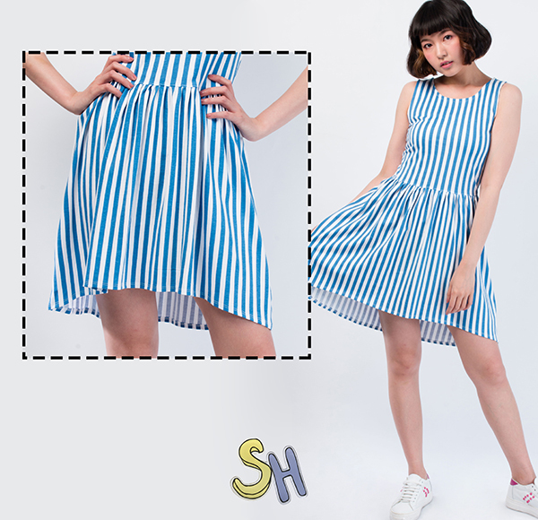 【SH】印花無袖洋裝-藍白直條