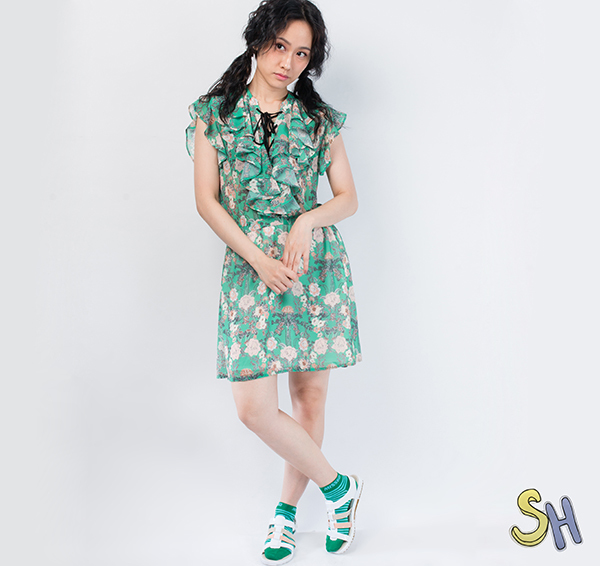 【SH】古典對稱花卉胸前綁帶洋裝