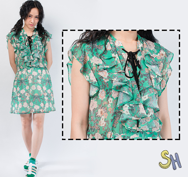 【SH】古典對稱花卉胸前綁帶洋裝